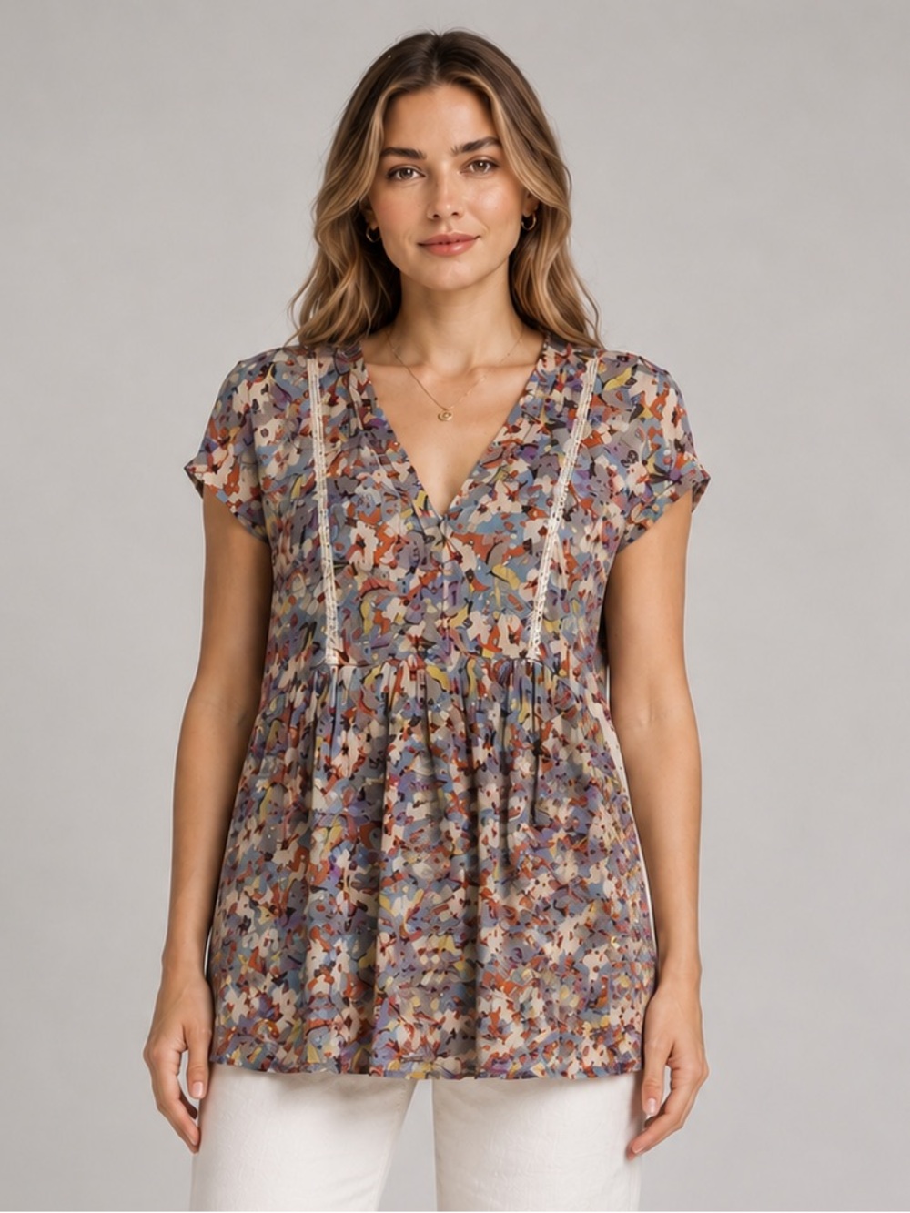 Vanessa Virginia Shirt Medium Floral Boho Rayon Knit Pockets Flowy Anthropologie